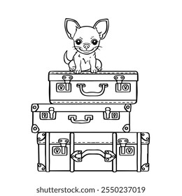 Chihuahua cute dog sitting on suitcases ready to move coloring page line, hand drawn vector illustration