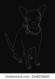 Chihuahua in a detailed black and white line drawing, wearing a stylish collar, set against a sleek black background. The minimalist style highlights the dog's expressive features and small size.