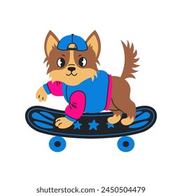 Chihuahua Hund in 90er Jahre Mode Kleidung fährt ein Skateboard. Netter Welpe in y2k Mütze und Jacke, der Tricks auf Penny Board vorführt. Isolierte Vektorillustration. Retro Vintage Ästhetik.