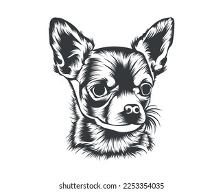 Chihuahua Dog Back and White Vector Silhouette, Dog Face Illustration