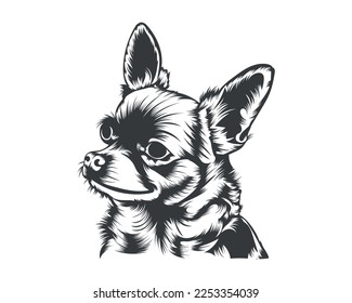 Chihuahua Dog Back and White Vector Silhouette, Dog Face Illustration