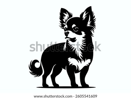 Chihuahua dog black and white vector standing icon flat vector illustration silhouette. Isolated black silhouette of standing chihuahua on light background. Cute little home dog pet animal portrait