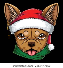 Chihuahua dog head wearing santa hat christmas vector illustration for your company or brand