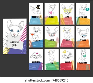Chihuahua dog illustrations and abstract patterns. Calendar template for twenty eighteen