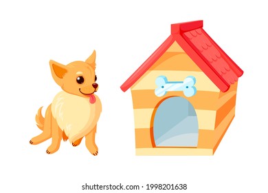 Chihuahua dog and kennel with bowl. Wooden doghouse with red roof isolated in white background. Vector illustration in cute cartoon style