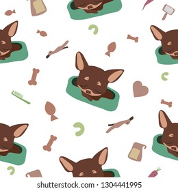 Chihuahua. Chihuahua dog pattern. The dog sleeps in the couch. Pet accessories. Chihuahua puppy cartoon Vector illustration.