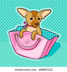 Chihuahua dog in pink woman handbag pop art retro vector illustration. Comic book style imitation.