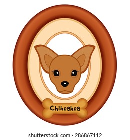 Chihuahua Dog Portrait, cherry wood frame with mat, dog bone treat tag, isolated on white background. EPS8 compatible.