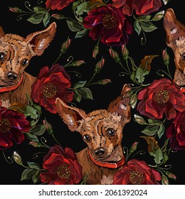 Chihuahua dog and red roses flowers. Embroidery seamless pattern. Romantic animals art. Fashion template for clothes 