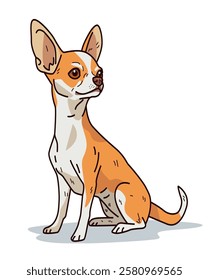 Chihuahua dog sitting cute pet animal illustration. Brown and white colors with large ears and alert expression on white background