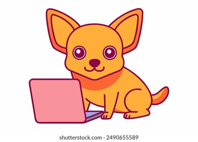 Chihuahua Dog Sitting in Front of Laptop Vector Art Illustration