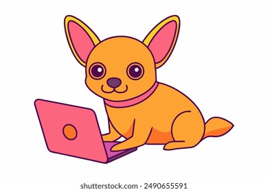 Chihuahua Dog Sitting in Front of Laptop Vector Art Illustration