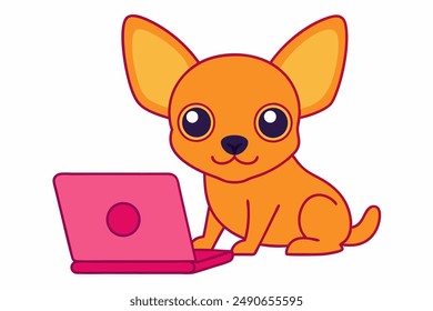 Chihuahua Dog Sitting in Front of Laptop Vector Art Illustration