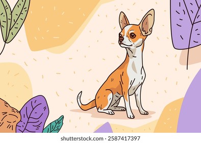 Chihuahua dog sitting surrounded by abstract leaves and shapes in pastel colors. Minimalist design with playful elements