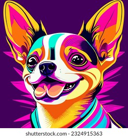 chihuahua dog vector illustration on purple background with colorful stripes