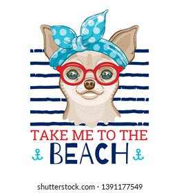 Chihuahua dog in vintage haiband & red glasses. Cute cartoon trendy puppy, doggy art for girl t-shirt print, tee fashion design. Isolated on white, navy stripes background. Sea summer humour slogan