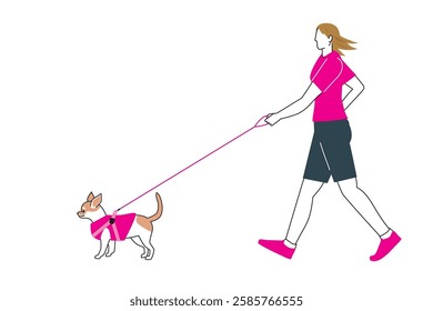 Chihuahua, dog walking, simple illustration of a woman walking Flat design with main lines