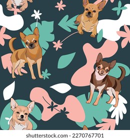 Chihuahua dog wallpaper with leaves, palms, flowers, plants. Pastel green, pink, navy. Holiday abstract natural shapes. Seamless floral background with dogs, repeatable pattern. Birthday wallpaper. 