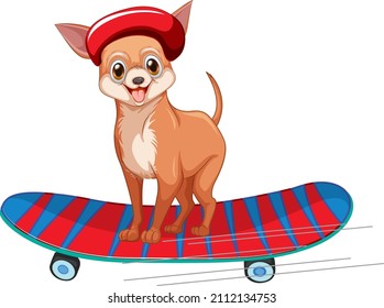 Chihuahua dog wears helmet standing on skateboard illustration