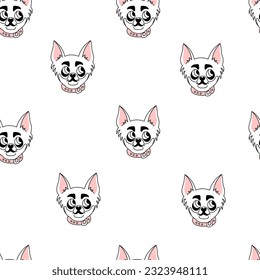Chihuahua doodle seamless pattern. Dog head in collar repeat vector illustration for pets, textile, fabric, surface design