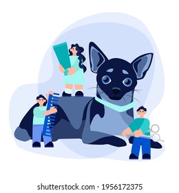 Chihuahua grooming. 3 people take care of the dog's appearance and coat. Vector image of an Chihuahua dog on an isolated white background.