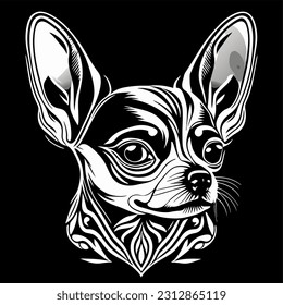 chihuahua head in tribal style on black background, vector illustration