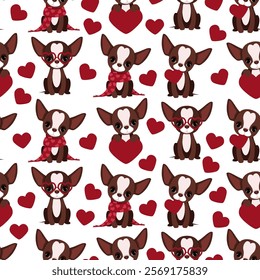 Chihuahua with hearts in a seamless pattern for Valentine's Day