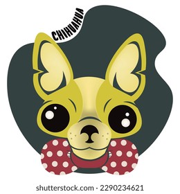 Chihuahua muzzle, dog head, dog in a bow tie, vector image, clipart, banner, sketch, sticker