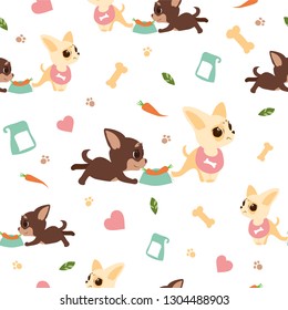 

Chihuahua. Chihuahua puppies pattern. Two chihuahua dogs. Dog food and accessories. Vector illustration.