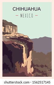 Chihuahua retro poster. Chihuahua travel illustration. States of Mexico greeting card. 