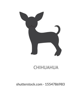 Chihuahua silhouette isolated on white background - black cartoon dog outline. Pet animal with small body and big ears standing on the ground - flat vector illustration.