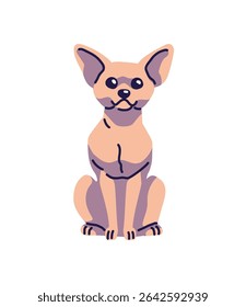 Chihuahua fica em frente. Filhotinho bonito com focinho feliz. Engraçado cão de raça de brinquedo. Relaxando o filhote com cara de sorriso. Animal doméstico, animal de estimação. Ilustração de vetor isolado plano sobre fundo branco