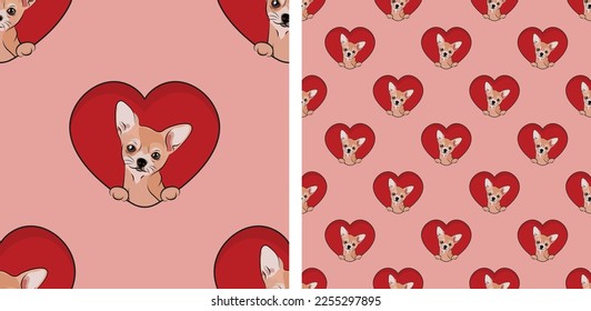 Chihuahua small dog and paws pattern  Valentine's day heart wallpaper  Love heart and pet head holiday texture  Dog face Holding Heart Cartoon square background  St Valentine's day present paper 