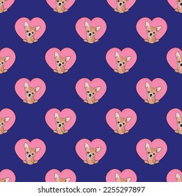 Chihuahua small dog with paws pattern, Valentine's day heart wallpaper. Love heart with pet head holiday texture. Dog face Holding Heart Cartoon square background. St Valentine's day present paper.