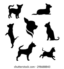 Chihuahua small dog vector icons and silhouettes. Set of illustrations in different poses.