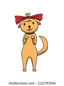 Chihuahua toy dog with red bownot standing on rear paws. Funny smiling dog cartoon character. Flat vector illustration. Isolated on white background.