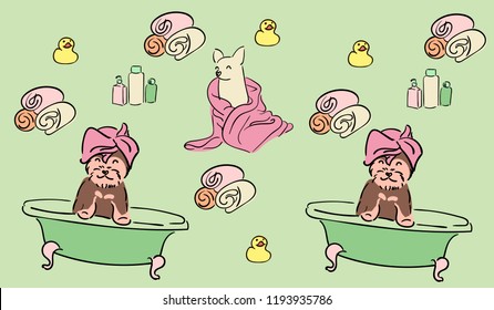 Chihuahua and Yorkshire terrier are taking a bath. Puppies bathe. Cosmetics for dogs, towels and yellow duck. Dog grooming and grooming. Illustration for children.