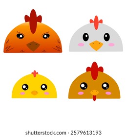 Chiken family vector design. Cute design of a group of chickens. Set of farm animals. Collection of cute chicken face vector cartoon