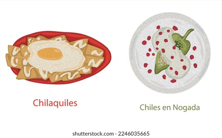 Chilaquiles and Chiles en nogada. Mexican foods vector. Best Mexican Dishes. Latin american food set illustration.
