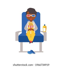 A child in 3d glasses is sitting in a blue chair and viewing a Thriller movie. Vector illustration isolated on a white background.