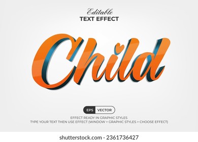 Child 3D Text Effect Orange Blue Color Style. Editable Text Effect Vector.
