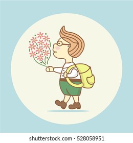 Child (a boy) goes back to school after holidays. Behind is yellow backpack. in his hand - a bouquet of flowers as a gift for teacher.