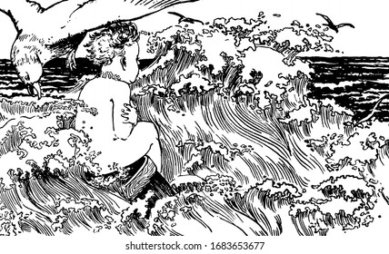 A child above the water in the sea and flying birds, vintage line drawing or engraving illustration