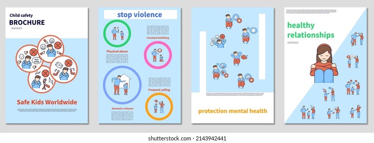 Child abuse brochures. Ridicule and harassment against children. Aggressive behavior. Crime templates.Minimal brochure layout and modern report flyers poster template