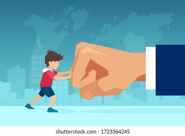 Child abuse, bullying and harassment concept. Vector of a small boy fighting back a giant fist, protecting himself from domestic violence