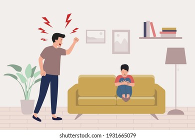 Child abuse concept. Father yells at scared boy sitting on the sofa. Scared and frightened child, dad beating. Domestic violence, despotic parent, psychological abuse. Flat vector illustration.