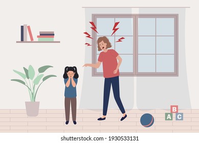 Child abuse concept. Mother scream and shout on little scared girl, kid is afraid and closes her eyes with hands. Domestic violence, despotic parent, psychological abuse. Flat vector illustration.