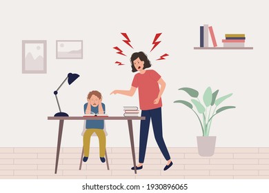 Child abuse concept. Mother yells at scared boy doing homework, kid is afraid and closes his ears with hands. Domestic violence, despotic parent, psychological abuse. Flat vector illustration.