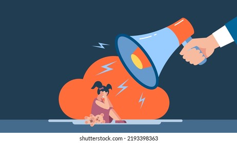 Child Abuse. Dad Shouts In Loudspeaker. Man Scolds Unhappy Girl Sitting In Corner Of Room. Family Problems Concept. Unhappy Daughter. Parent Abusing Kid. Home Conflict. Flat Style. Vector Illustration