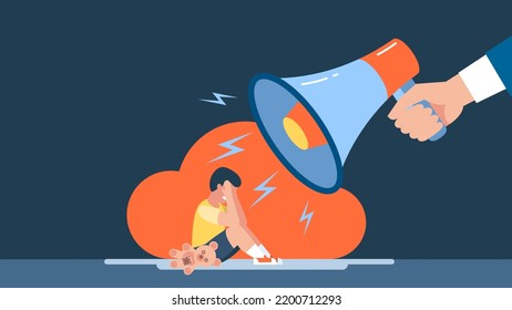 Child abuse. Dad shouts in loudspeaker. Man scolds unhappy boy sitting in corner of room. Family problems concept. Unhappy son. Parent abusing kid. Home conflict. Flat style. Vector illustration